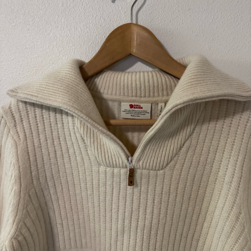 Fjällräven Övik Half Zip Knit Wool Sweater Chalk White Brown Elbow Patch-Small - Picture 4 of 12